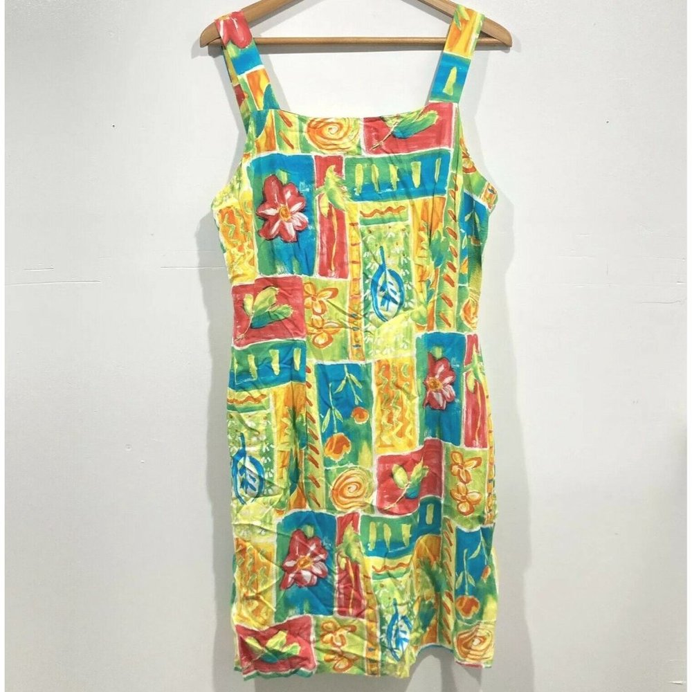 Vtg Xtreme Island Designs Hawaiian Mini Dress L Colorful Floral Green Pink